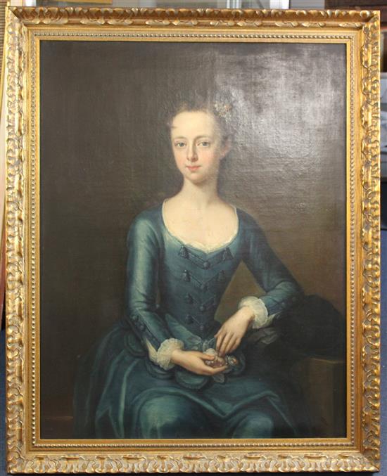 Attributed to Michael Dahl (1646-1743) Portrait of a lady seated in a blue dress with flowers in her hair, 36 x 28in.